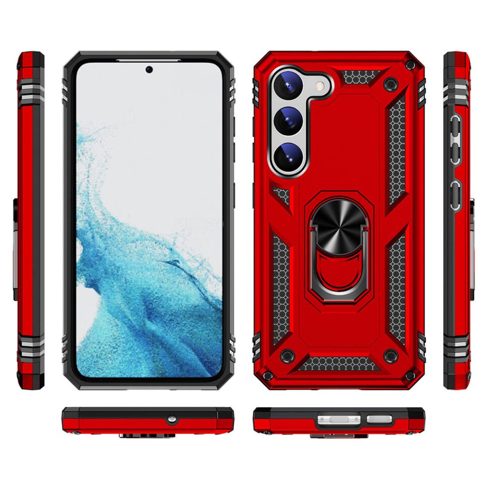Samsung Galaxy S23 Kılıf Tank Zırh Yüzüklü Mıknatıslı Standlı Kapak (VEGA) Kırmızı