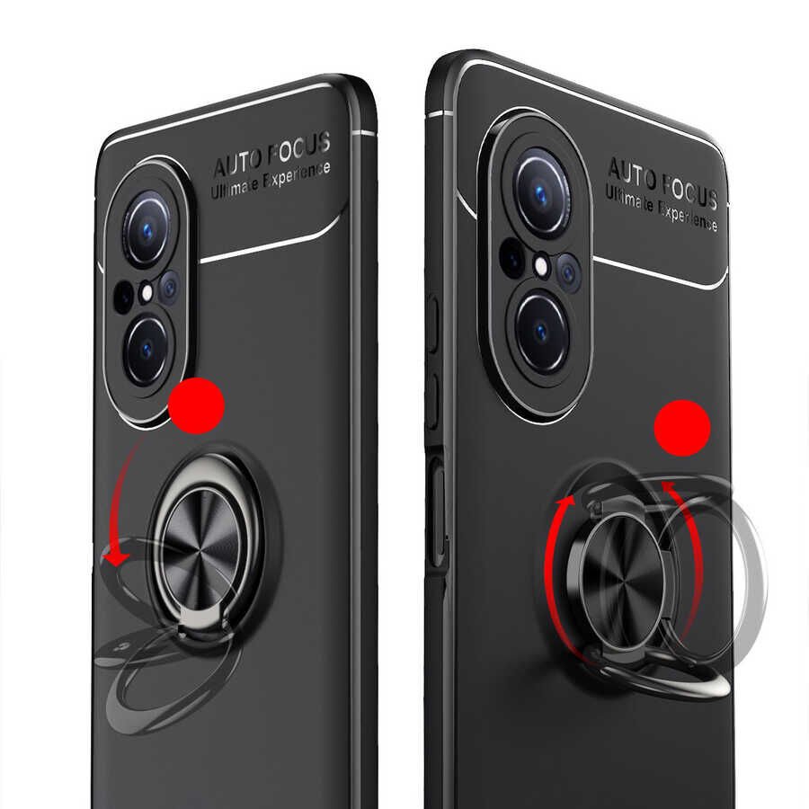 Huawei Nova 9 SE Kılıf Kamera Çıkıntılı Renkli Yüzüklü Standlı Mıknatıslı Kapak (RAVEL) Siyah-Rose Gold
