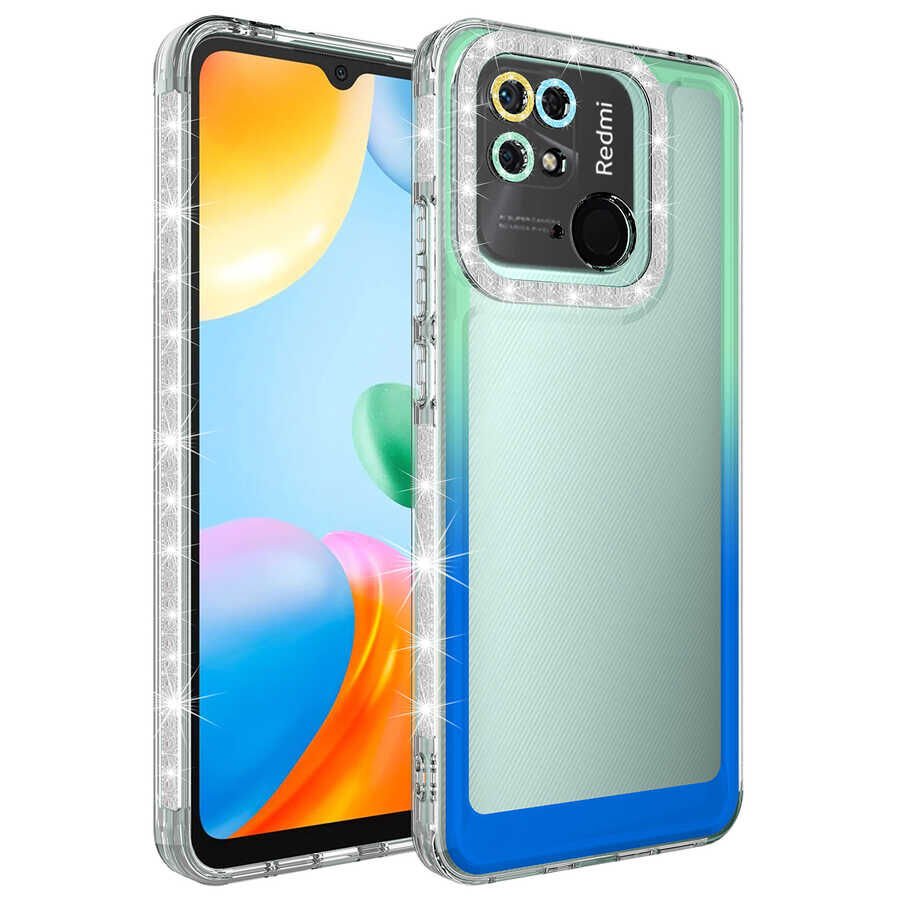 Xiaomi Redmi 10C Kılıf Simli Renkli Parlak Kamera Lens Korumalı Transparan Kapak (Park) Yeşil-Mavi