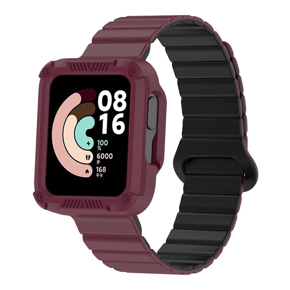 Xiaomi Redmi Watch 2 Silikon Kordon Strap Kayış Parçalı Çizgili Tasarım (KRD-105) Koyu Kırmızı-Siyah