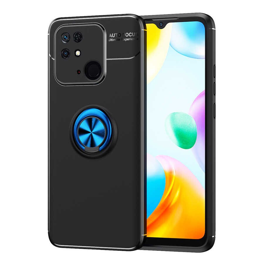 Xiaomi Poco C40 Kılıf Kamera Çıkıntılı Renkli Yüzüklü Standlı Mıknatıslı Kapak (RAVEL) Siyah