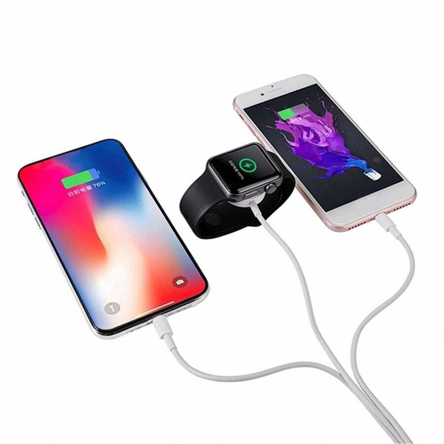 Akıllı Saat 3 in 1 Lightning-Type-C-Wireless USB Şarj Kablosu Beyaz
