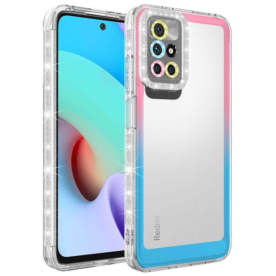 Xiaomi Redmi 10 Kılıf Simli Renkli Parlak Kamera Lens Korumalı Transparan Kapak (Park) Pembe-Mavi