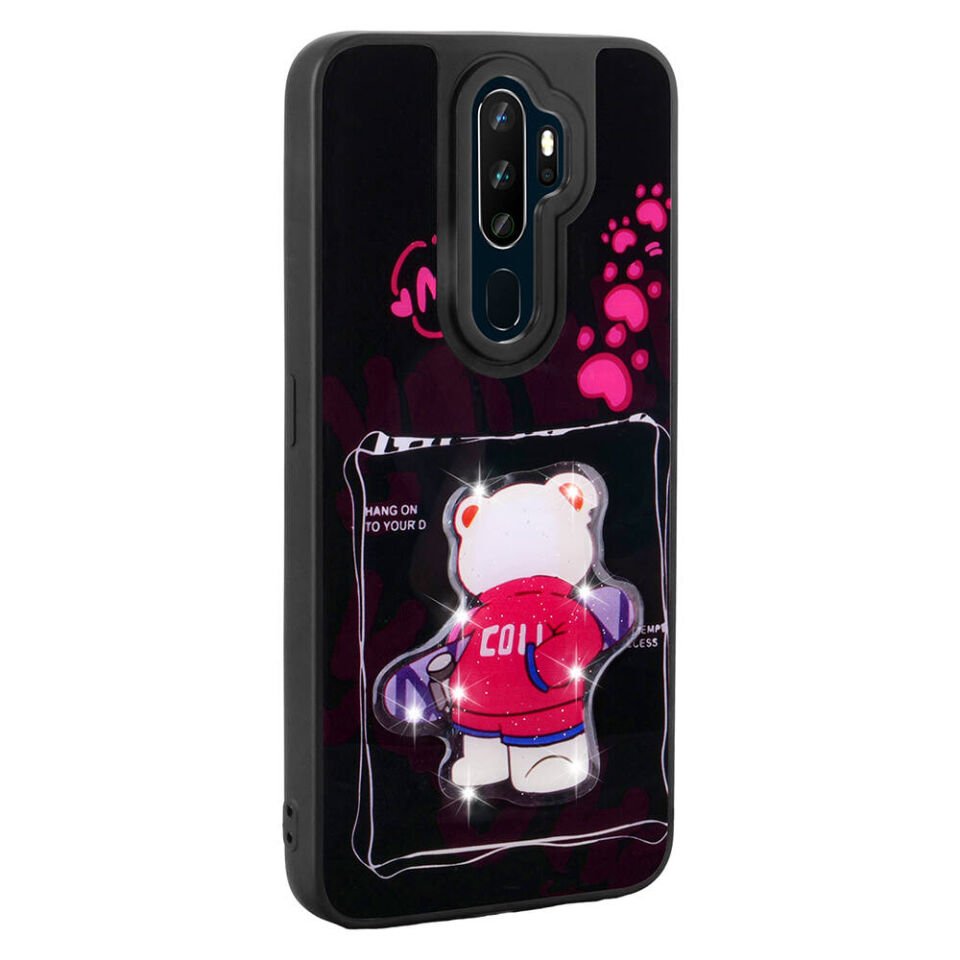 Oppo A9 2020 Kılıf Parlayan Kabartmalı İkonik Figürlü Silikon Kapak (Amas) Pembe
