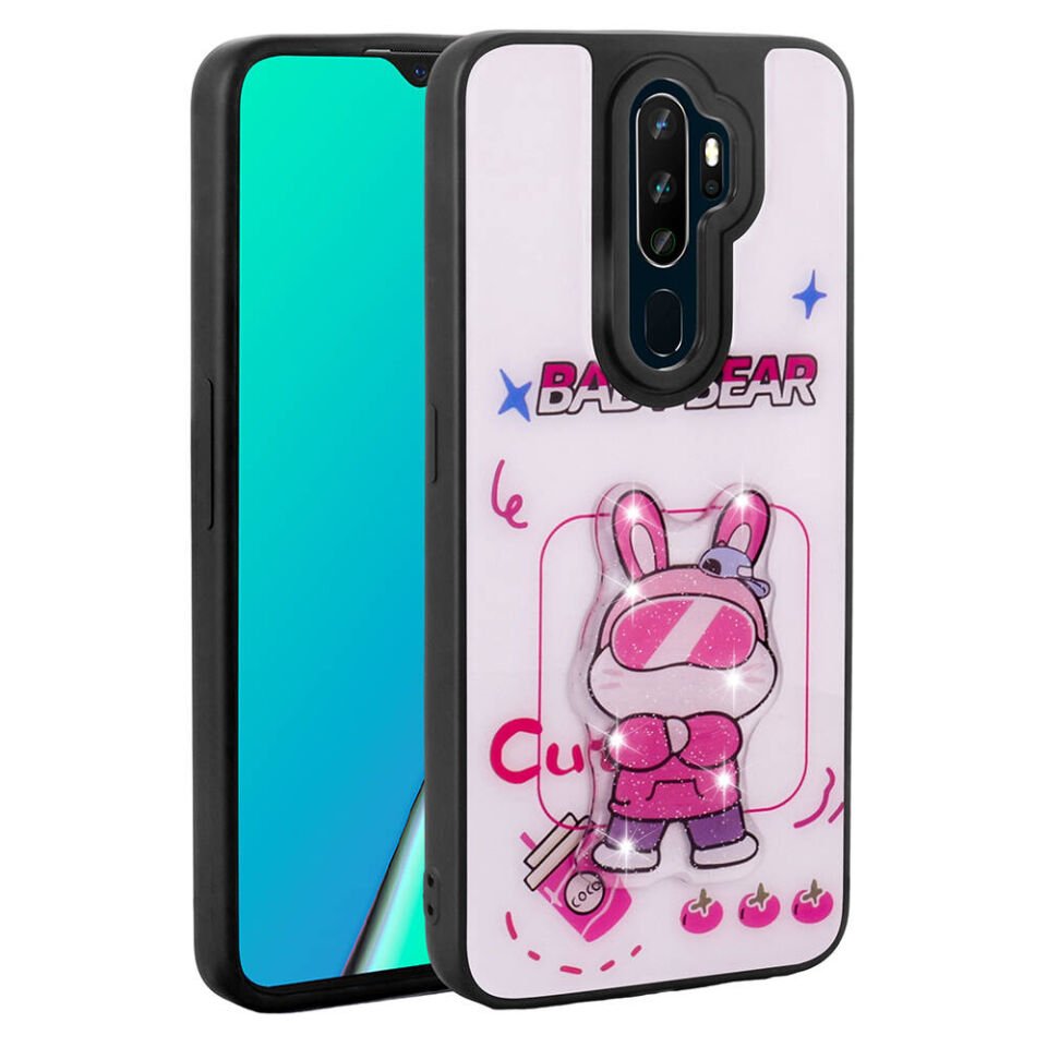 Oppo A9 2020 Kılıf Parlayan Kabartmalı İkonik Figürlü Silikon Kapak (Amas) Pembe
