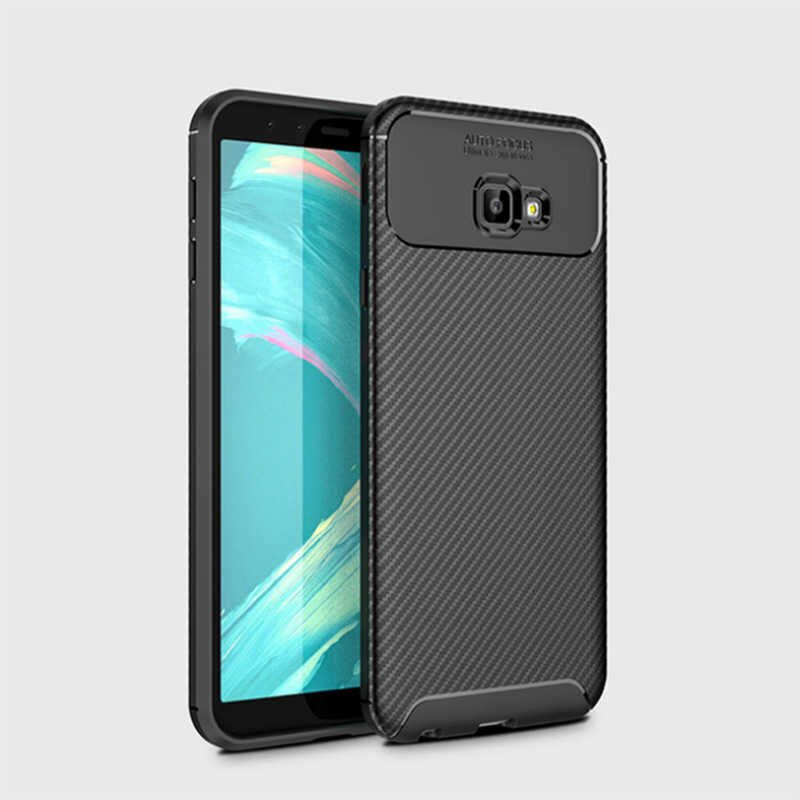 Samsung Galaxy J4 Plus Kılıf Kamera Çıkıntılı Karbon Fiber Dokulu Renk Atmaz Kapak (NEGRO) Siyah