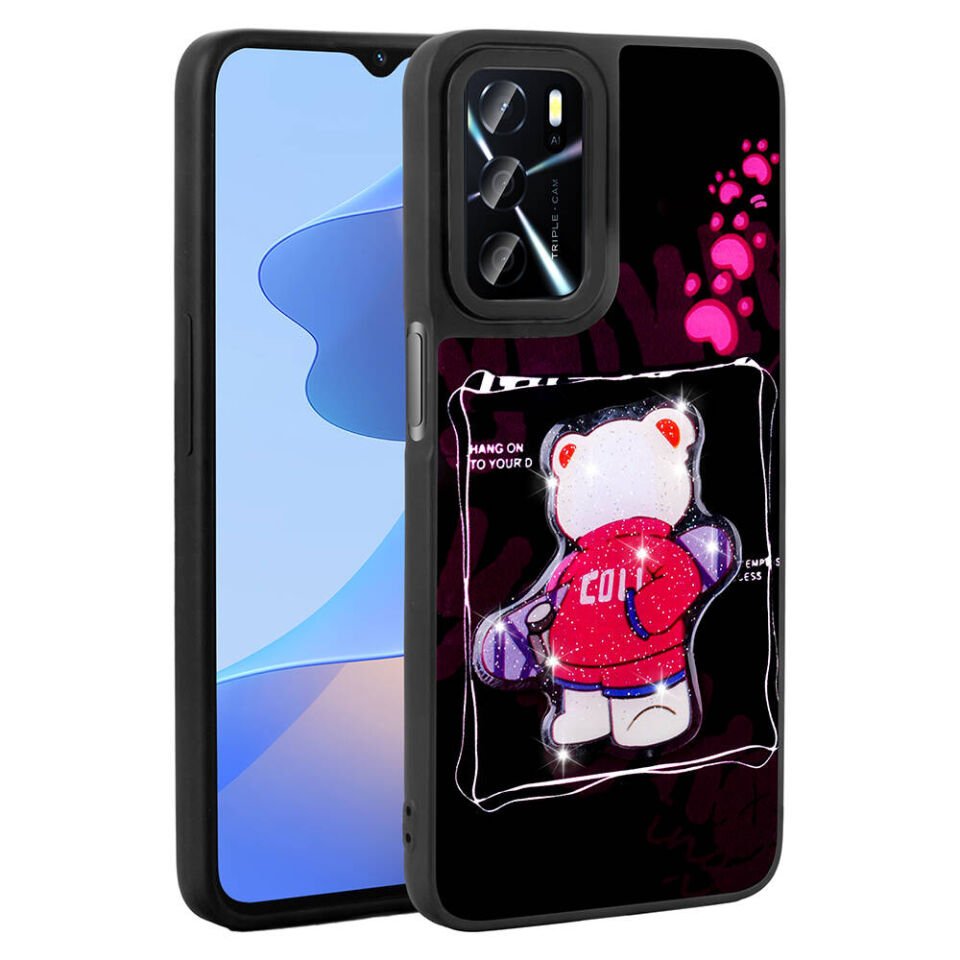 Oppo A16 Kılıf Parlayan Kabartmalı İkonik Figürlü Silikon Kapak (Amas) Siyah