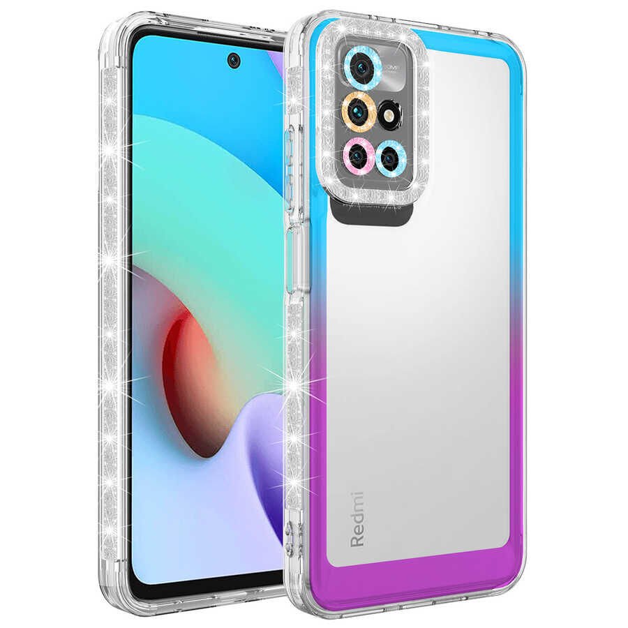 Xiaomi Redmi 10 Kılıf Simli Renkli Parlak Kamera Lens Korumalı Transparan Kapak (Park) Mavi-Mor