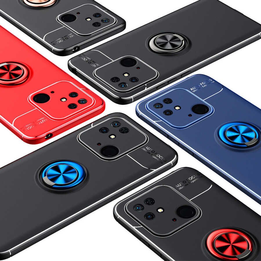 Xiaomi Redmi 10C Kılıf Kamera Çıkıntılı Renkli Yüzüklü Standlı Mıknatıslı Kapak (RAVEL) Siyah