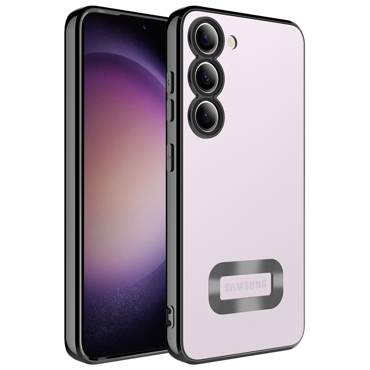 Samsung Galaxy S23 Kılıf Kamera Lens Korumalı Logo Gösteren Parlak Kenarlı Kapak (OMEGA) Gümüş