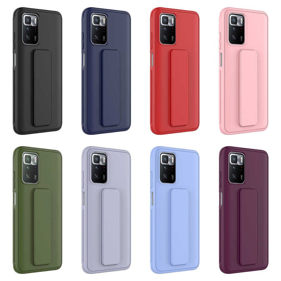 Xiaomi Redmi 10 Kılıf Standlı Lansman Yumuşak Dokulu Renkli Esnek Silikon Kapak (QSTAND) Gri