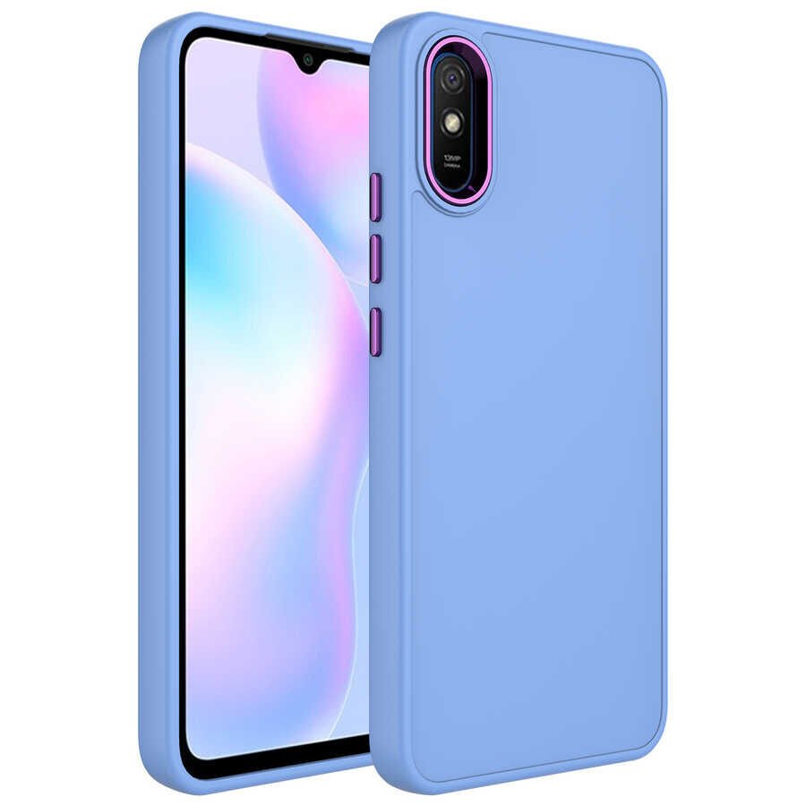 Xiaomi Redmi 9A Kılıf Metal Çerçeveli Hassas Butonlu Renkli İçi Kadife Lansman Kapak (LUNA) Lila