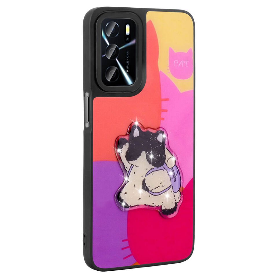 Oppo A16 Kılıf Parlayan Kabartmalı İkonik Figürlü Silikon Kapak (Amas) Pembe