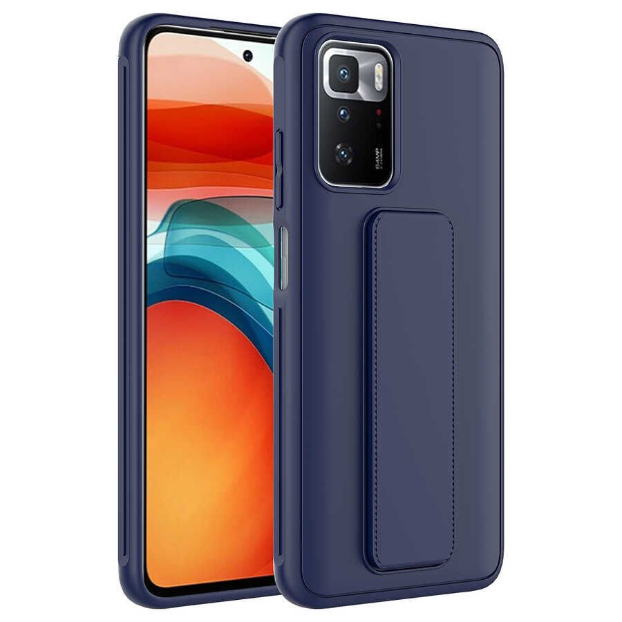 Xiaomi Redmi 10 Kılıf Standlı Lansman Yumuşak Dokulu Renkli Esnek Silikon Kapak (QSTAND) Lacivert