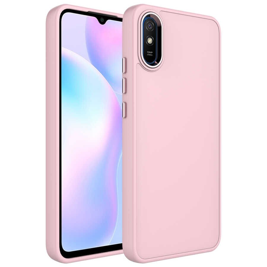 Xiaomi Redmi 9A Kılıf Metal Çerçeveli Hassas Butonlu Renkli İçi Kadife Lansman Kapak (LUNA) Pembe