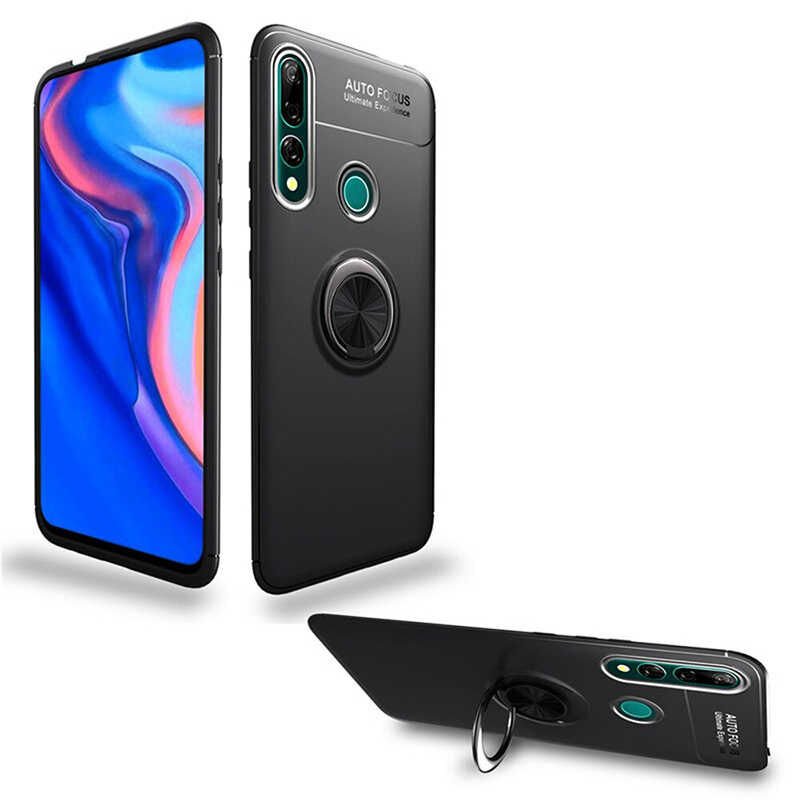 Huawei Y9 Prime 2019 Kılıf Kamera Çıkıntılı Renkli Yüzüklü Standlı Mıknatıslı Kapak (RAVEL) Siyah