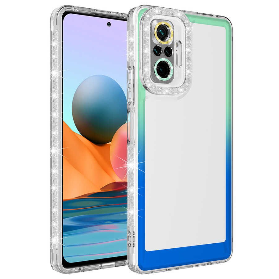 Xiaomi Redmi Note 10 Pro Kılıf Simli Renkli Parlak Kamera Lens Korumalı Transparan Kapak (Park) Pembe-Mavi
