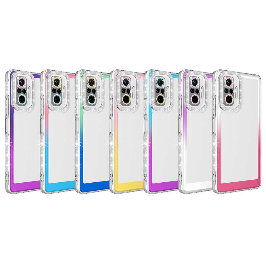 Xiaomi Redmi Note 10 Pro Kılıf Simli Renkli Parlak Kamera Lens Korumalı Transparan Kapak (Park) Pembe-Mavi