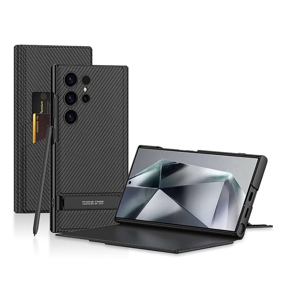 Samsung Galaxy S24 Ultra Kılıf Kamera Korumalı Karbon Tasarım HEPTEKİLETİŞİM Droga Standlı Kartlıklı Kapaklı Kılıf