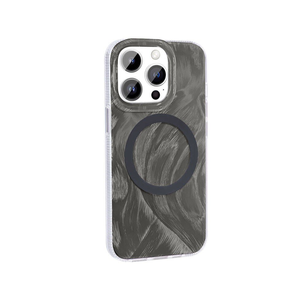 Apple iPhone 14 Pro Max Kılıf Magsafe Şarj Özellikli Fırça Boya Desenli Kapak (Palet) Gri