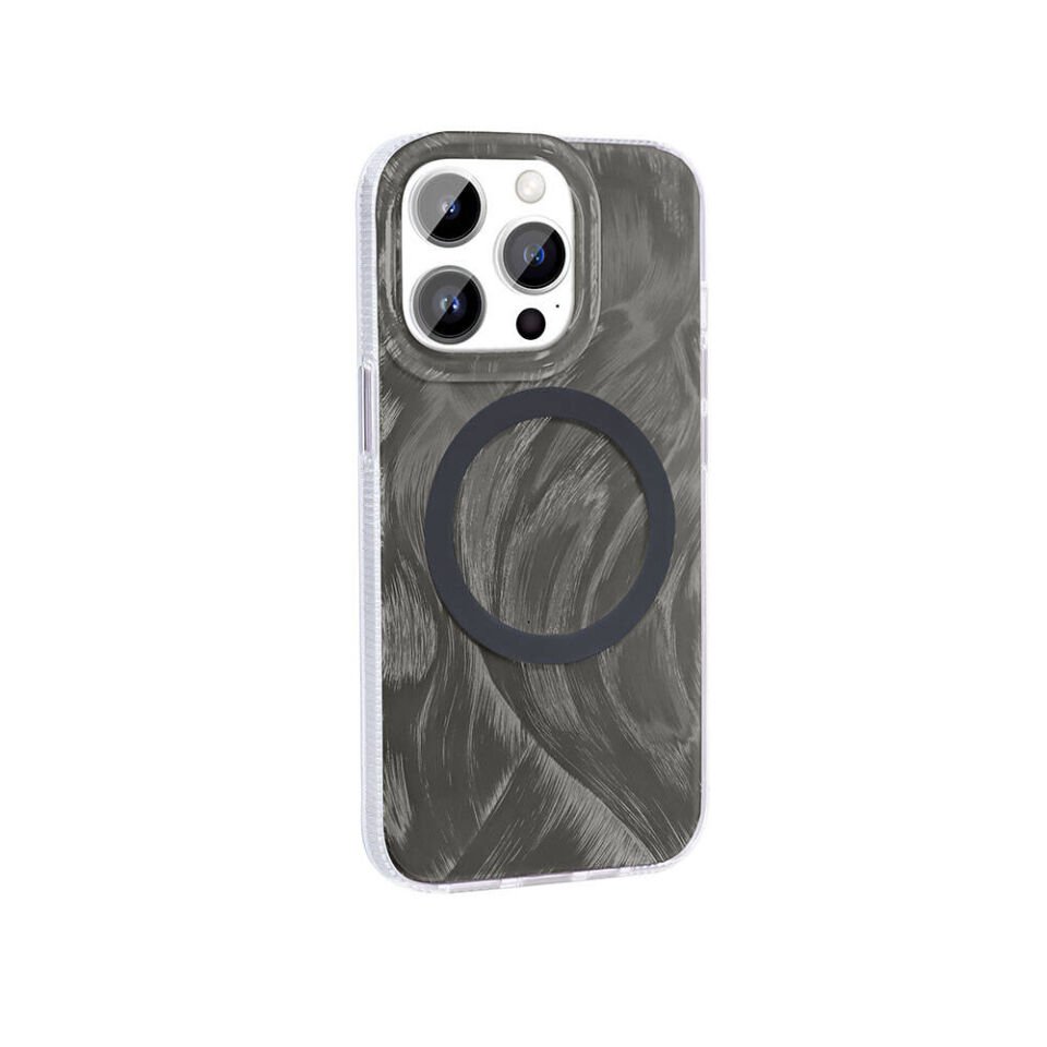 Apple iPhone 14 Pro Max Kılıf Magsafe Şarj Özellikli Fırça Boya Desenli Kapak (Palet) Gri