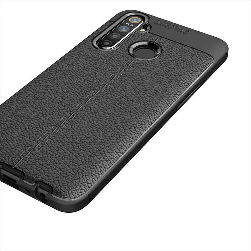 Realme 5İ Kılıf Deri Görünümlü Renk Atmayan Dayanaklı Silikon Kapak (NİSS) Siyah