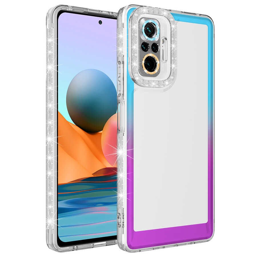 Xiaomi Redmi Note 10 Pro Kılıf Simli Renkli Parlak Kamera Lens Korumalı Transparan Kapak (Park) Mavi-Mor