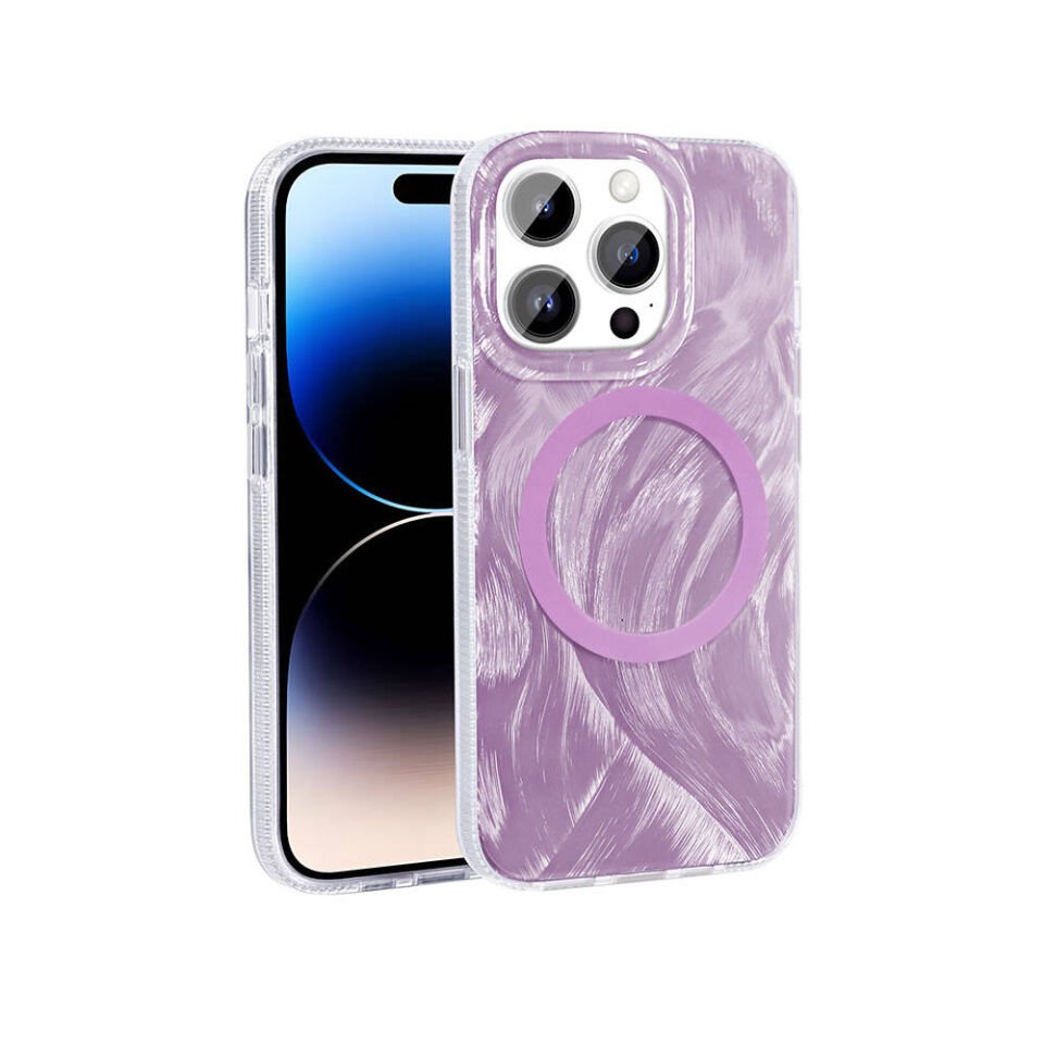 Apple iPhone 14 Pro Max Kılıf Magsafe Şarj Özellikli Fırça Boya Desenli Kapak (Palet) Pembe
