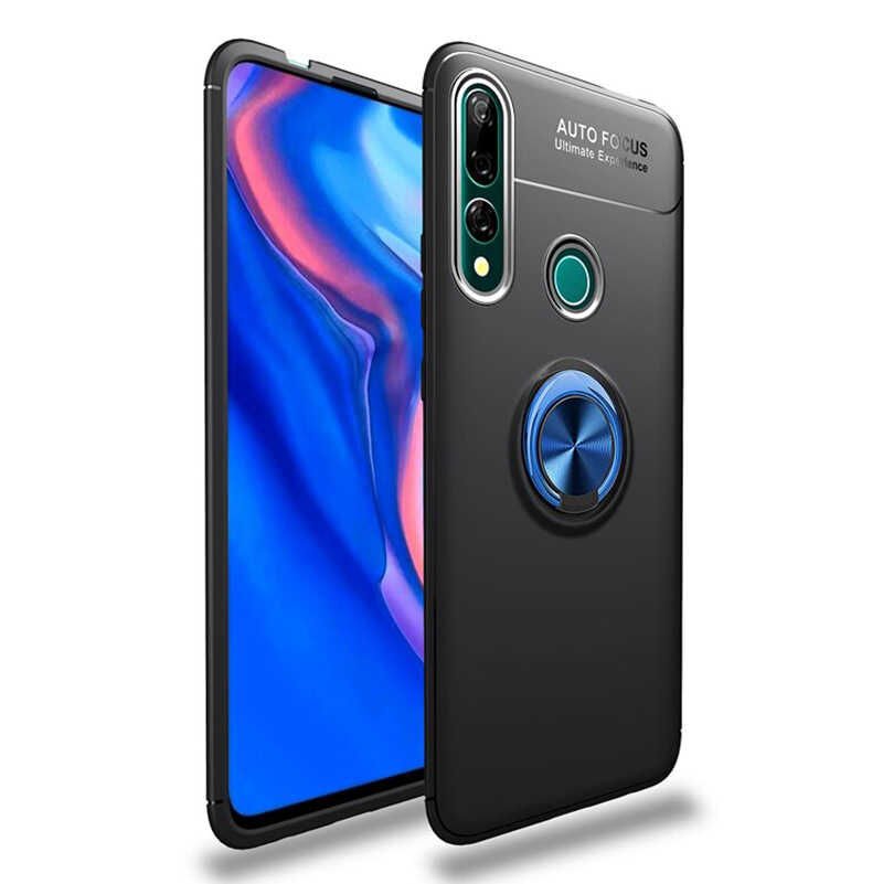 Huawei Y9 Prime 2019 Kılıf Kamera Çıkıntılı Renkli Yüzüklü Standlı Mıknatıslı Kapak (RAVEL) Siyah-Mavi
