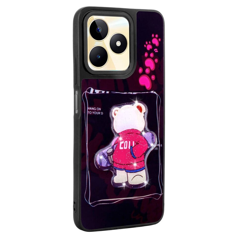 Realme C55 4G Kılıf Parlayan Kabartmalı İkonik Figürlü Silikon Kapak (Amas) Siyah