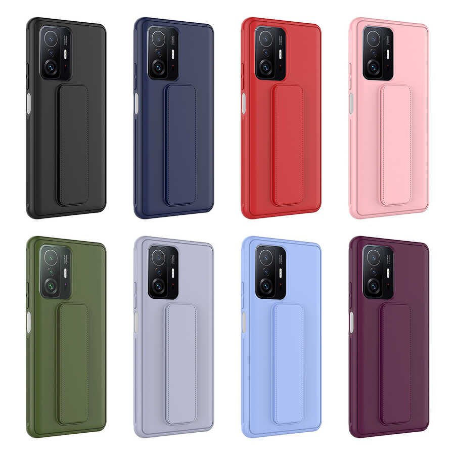 Xiaomi Mi 11T 5G Kılıf Standlı Lansman Yumuşak Dokulu Renkli Esnek Silikon Kapak (QSTAND) Pembe