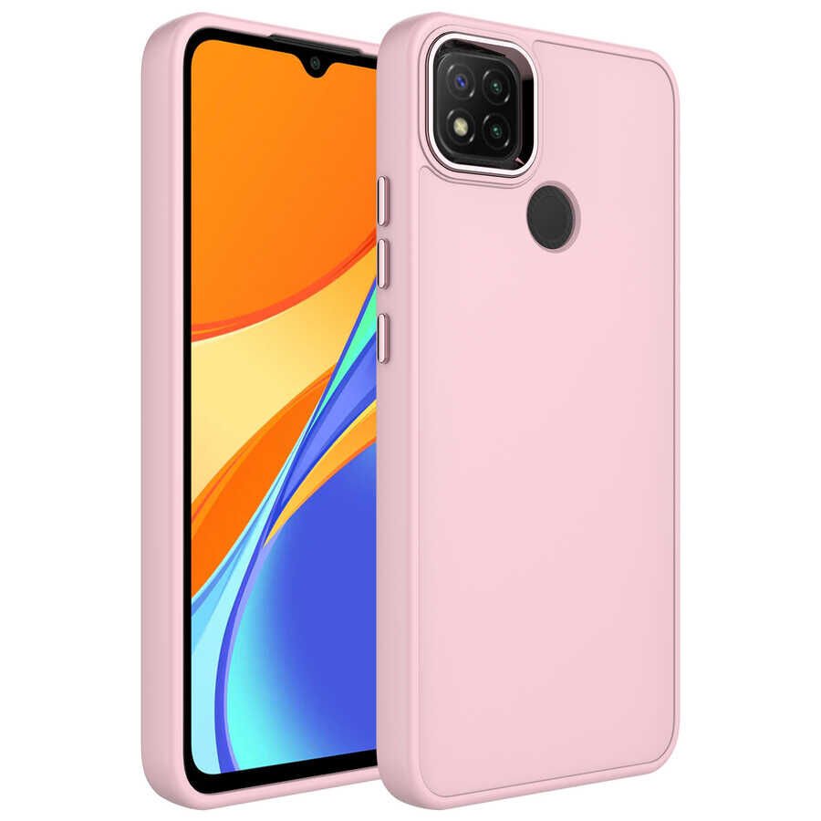 Xiaomi Redmi 9C Kılıf Metal Çerçeveli Hassas Butonlu Renkli İçi Kadife Lansman Kapak (LUNA) Pembe