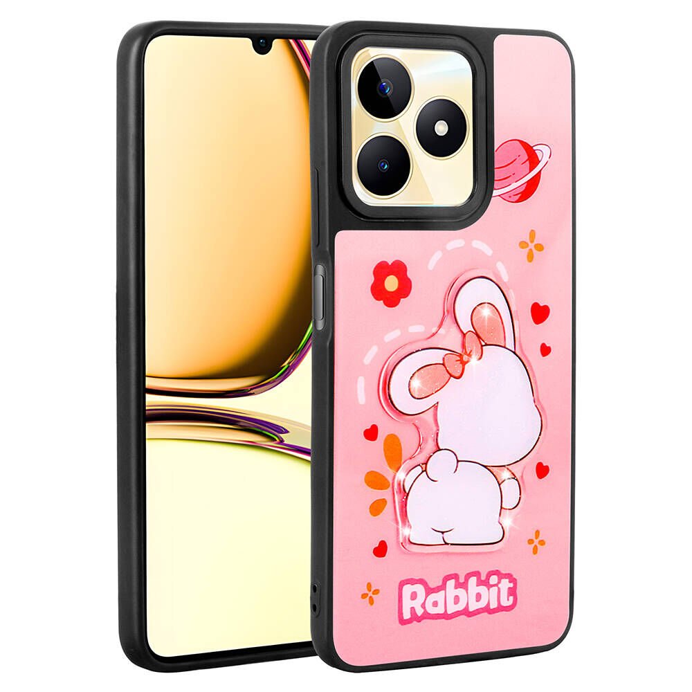 Realme C55 4G Kılıf Parlayan Kabartmalı İkonik Figürlü Silikon Kapak (Amas) Pembe