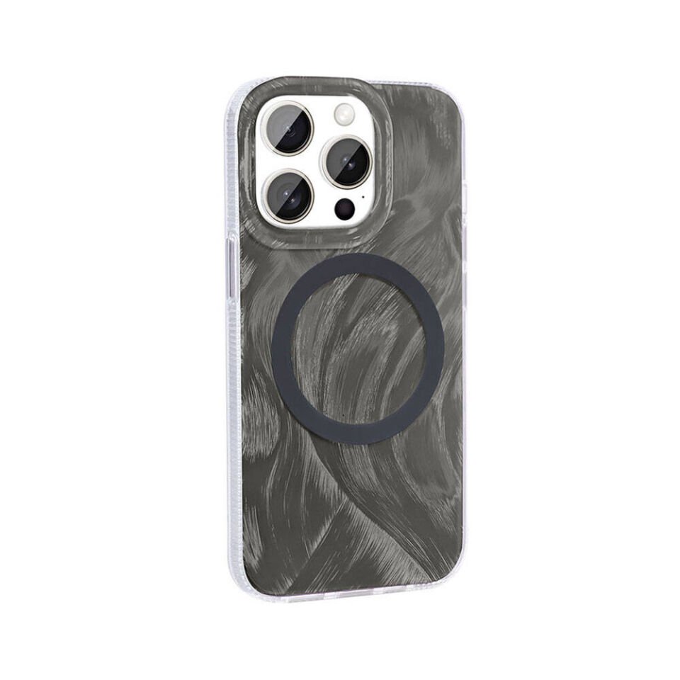 Apple iPhone 15 Pro Kılıf Magsafe Şarj Özellikli Fırça Boya Desenli Kapak (Palet) Gri