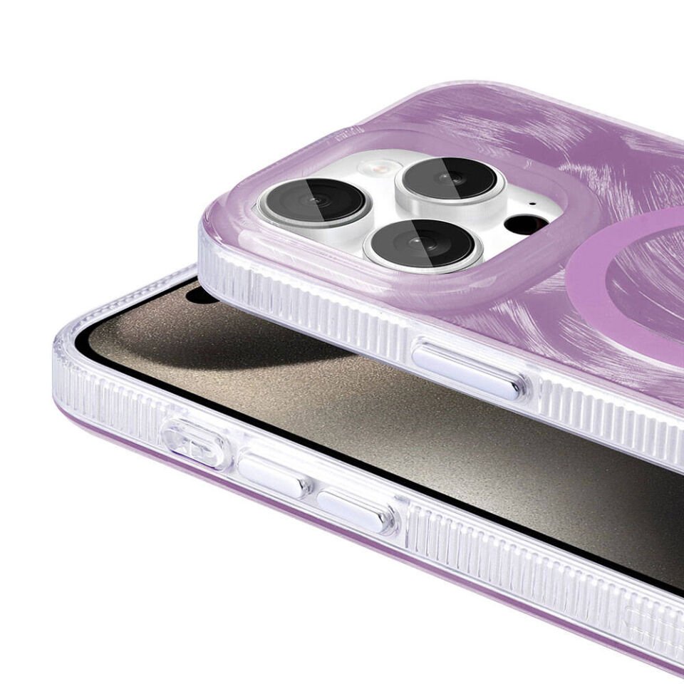 Apple iPhone 15 Pro Kılıf Magsafe Şarj Özellikli Fırça Boya Desenli Kapak (Palet) Pembe