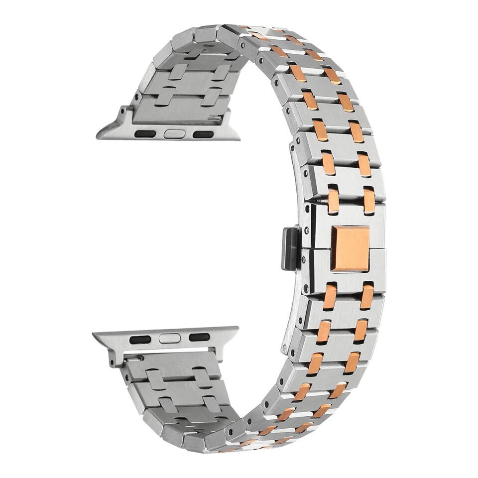 Apple Watch 2/3/4/5/6/7/8/9/se/nike 38mm 40mm 41mm Metal Kordon (KRD-83) Gümüş-Rosegold