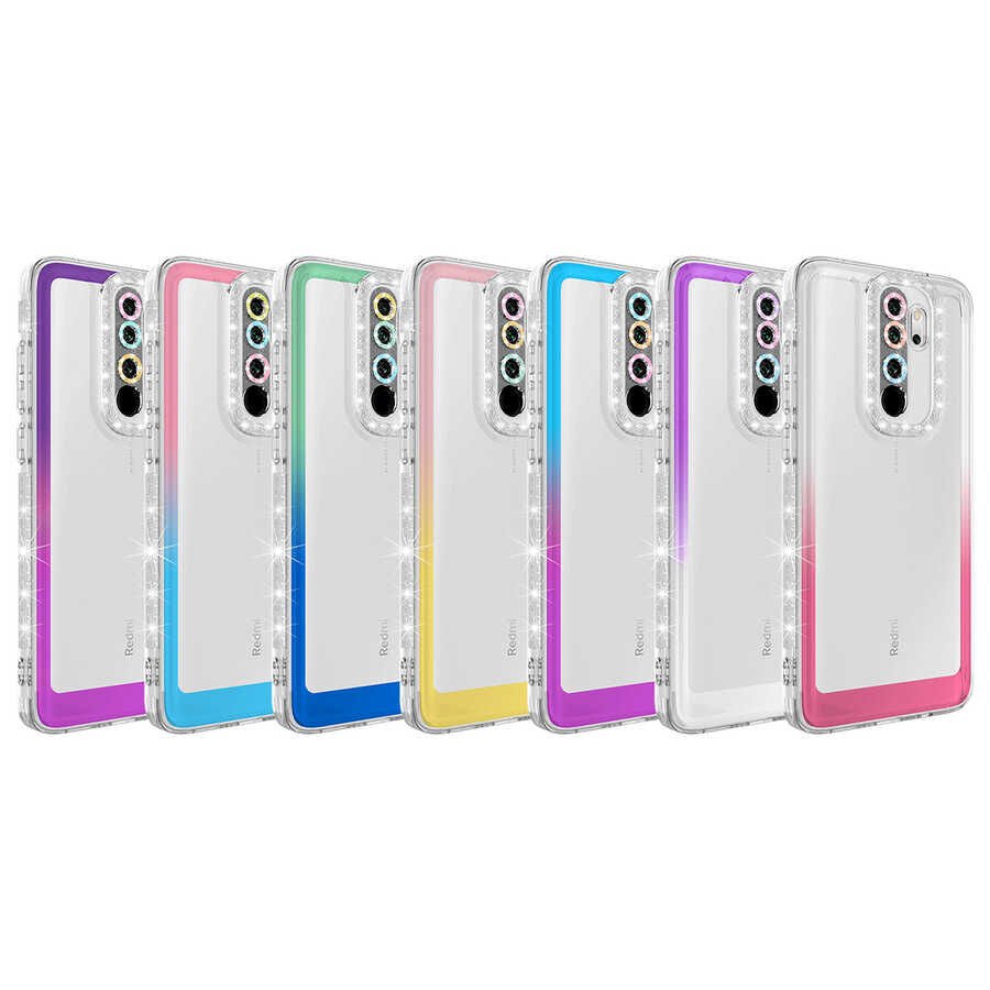 Xiaomi Redmi Note 8 Pro Kılıf Simli Renkli Parlak Kamera Lens Korumalı Transparan Kapak (Park) Pembe-Sarı