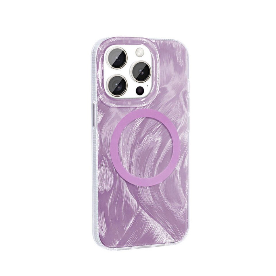 Apple iPhone 15 Pro Max Kılıf Magsafe Şarj Özellikli Fırça Boya Desenli Kapak (Palet) Pembe