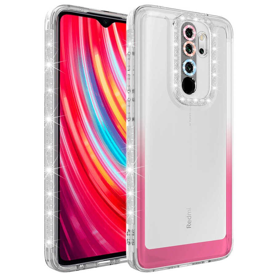 Xiaomi Redmi Note 8 Pro Kılıf Simli Renkli Parlak Kamera Lens Korumalı Transparan Kapak (Park) Beyaz-Pembe