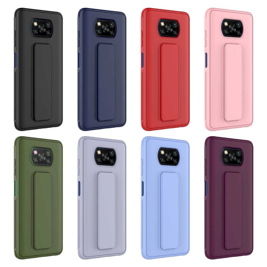 Xiaomi Poco X3 Kılıf Standlı Lansman Yumuşak Dokulu Renkli Esnek Silikon Kapak (QSTAND) Siyah