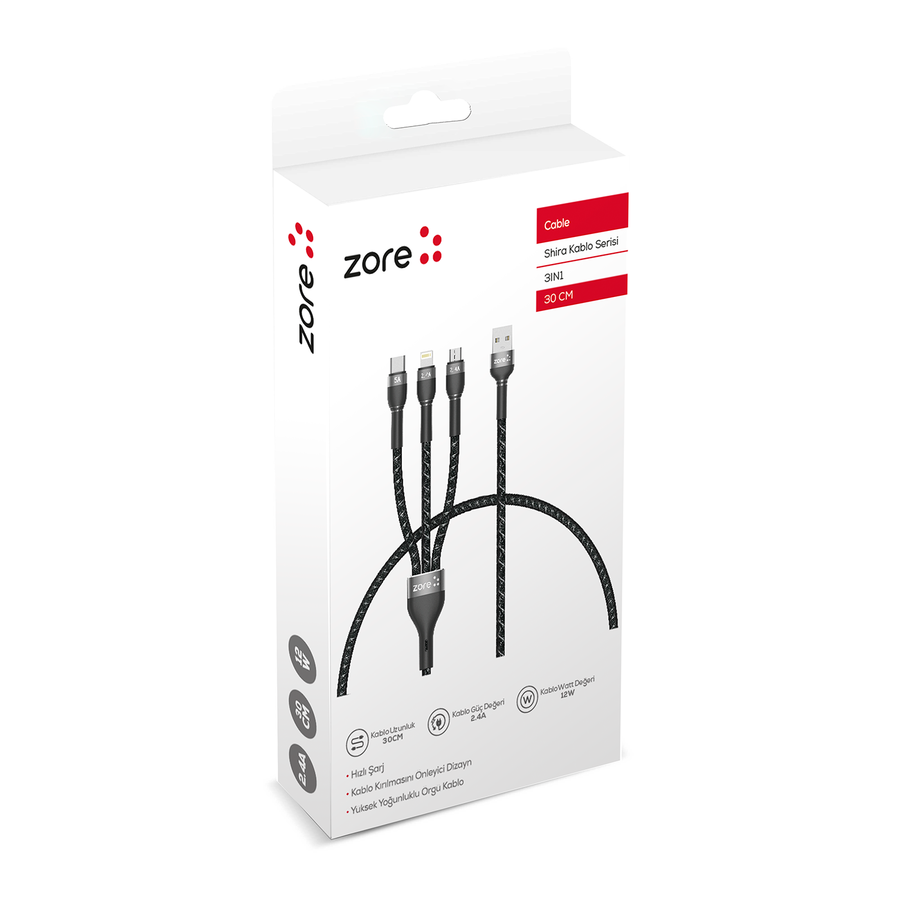 ​HEPTEKİLETİŞİM Shira Serisi 3in1 USB Kablo 30cm