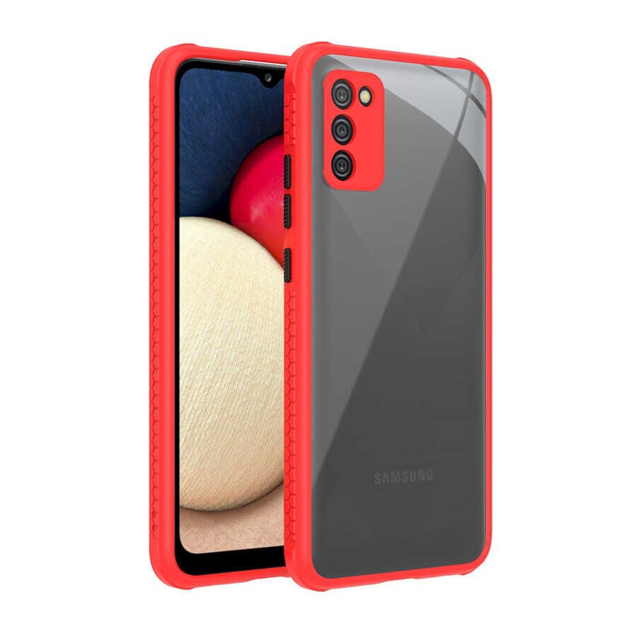 Samsung Galaxy A02S Kılıf Köşe Ve Kamera Korumalı Arkası Şeffaf Renkli Tuşlu Kapak (KAFF) Kırmızı