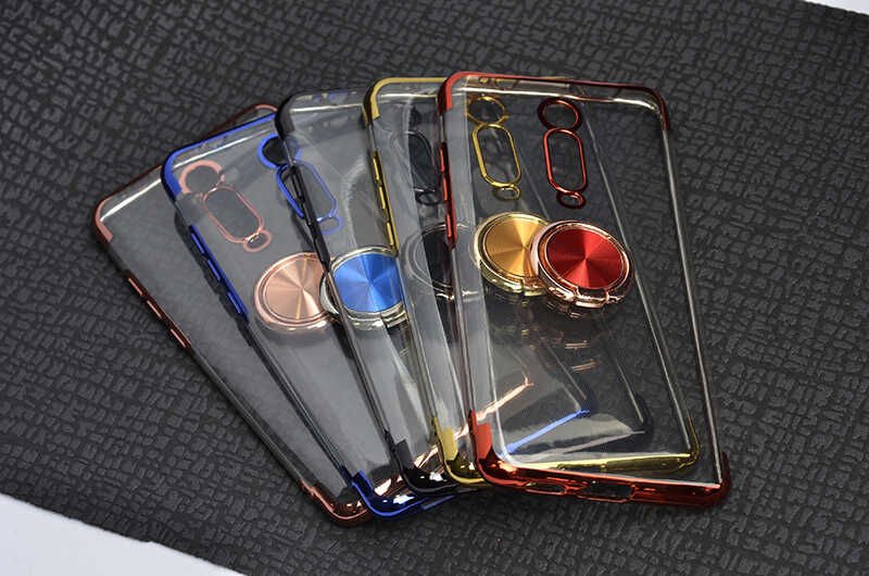 Xiaomi Mi 9T Kılıf Yüzüklü Standlı Silikon Köşeleri Renkli Kapak (GES) Rose Gold