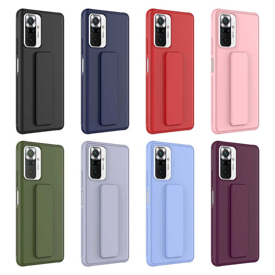 Xiaomi Redmi Note 10 Pro Kılıf Standlı Lansman Yumuşak Dokulu Renkli Esnek Silikon Kapak (QSTAND) Kırmızı