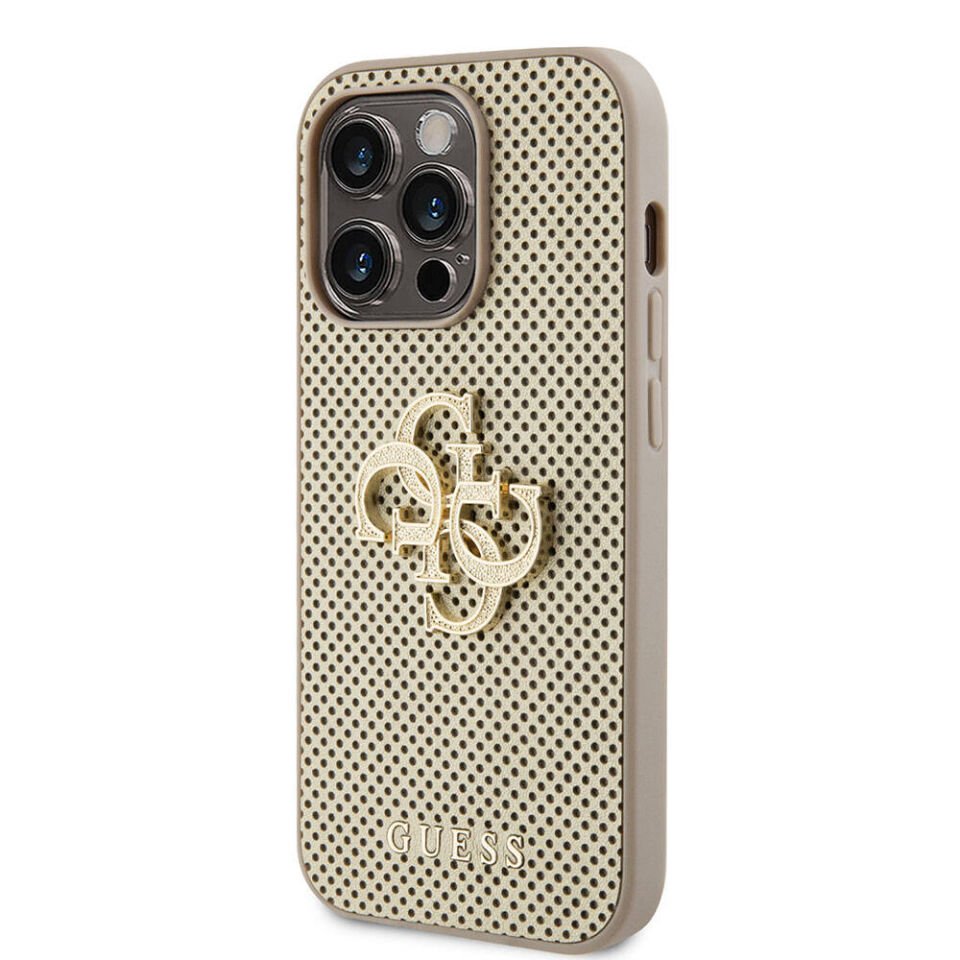 Apple iPhone 15 Pro Kılıf Guess Orjinal Lisanslı Delikli Yazı ve 4G Glitter Büyük Metal Logolu Kapak