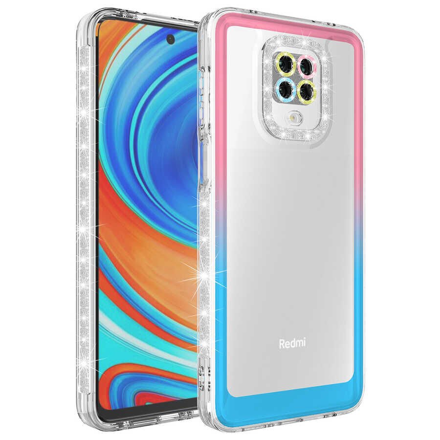 Xiaomi Redmi Note 9 Pro Kılıf Simli Renkli Parlak Kamera Lens Korumalı Transparan Kapak (Park) Pembe-Mavi