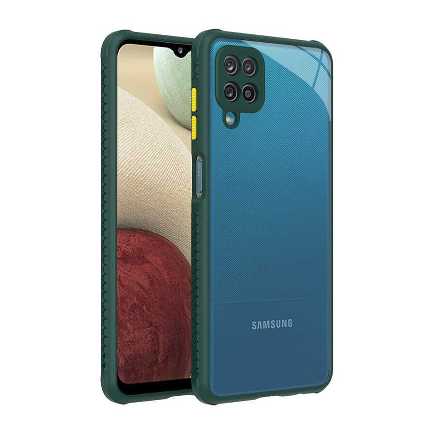Samsung Galaxy A12 Kılıf Köşe Ve Kamera Korumalı Arkası Şeffaf Renkli Tuşlu Kapak (KAFF) Koyu Yeşil