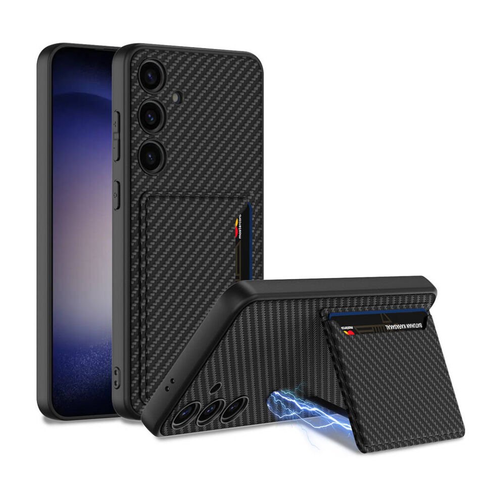 Samsung Galaxy S24 Plus Kılıf Suni Deri Sürgülü Kamera Korumalı Silikon Kapak (Kartlıklı Kıpta) Siyah Karbon