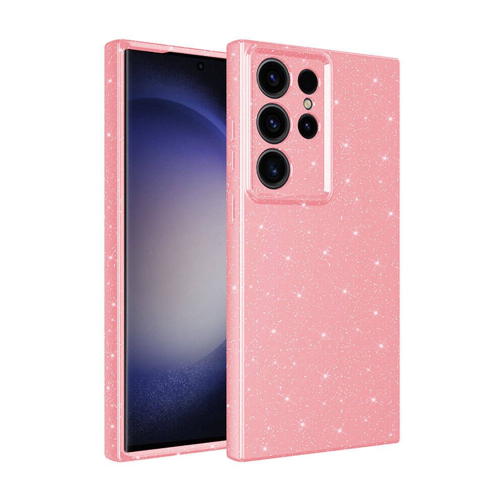 Samsung Galaxy S24 Ultra Kılıf Kamera Korumalı Simli Renkli Parlak Silikon Kapak (Koton) Pembe