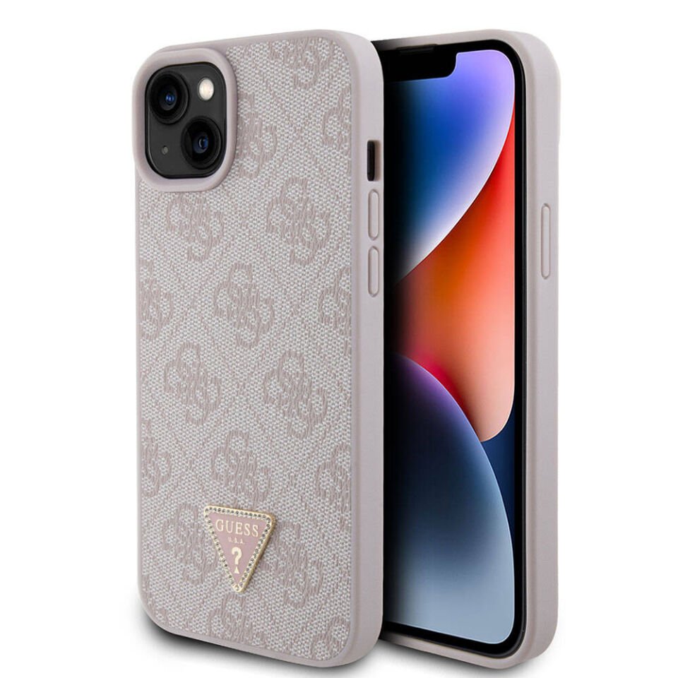 Apple iPhone 15 Plus Kılıf Guess Orjinal Lisanslı PU Deri Taşlı Üçgen Logo 4G Desenli Kapak